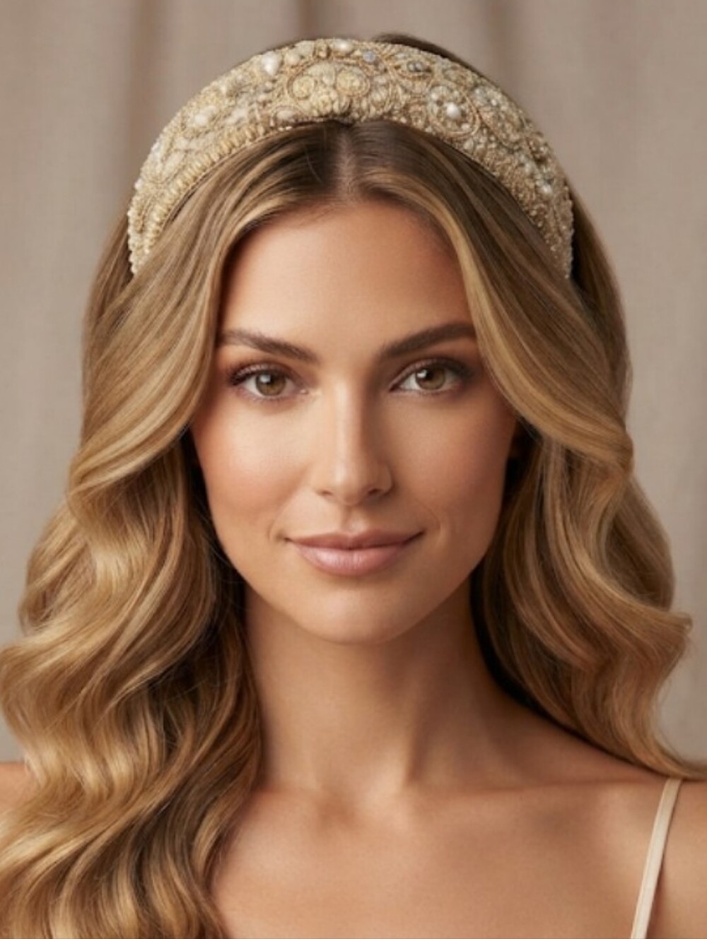 Embroidered Padded Headband – Gold & Champagne Brand New